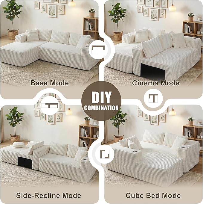 Shintenchi Boneless Couches for Living Room,Modular Sectional Sofa with 2 Cup Holders,Memory Foam Cloud Couch with L Shaped Oversized Chaise,No Assembly Needed Plush Corduroy Sofa,White