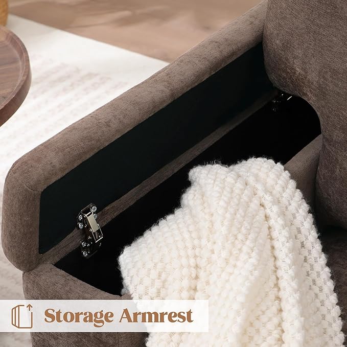 Accent Chair with Storage Armrest, Modern Upholstered Living Room Chairs, Comfy Large Armchair, Fabric Single Sofa ReadingChair for Bedroom, Dark Brown
