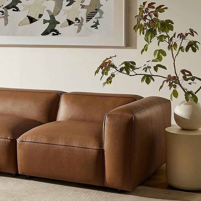 Modway Auren Vegan Leather 4 Piece Modular Sofa in Coffee - Faux Leather 3 Seater Sectional - Comfy Modern PU Leather Sofa with Ottoman - Oversized Mid Century Modern Couch for Living Room