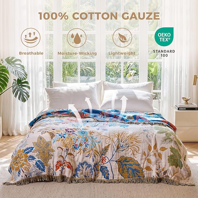 LUTBM Boho Throw Blanket for Bed Cotton Spring Blankets Twin Size for Bedroom Living Room All Season Lightweight Floral Embroidery Decorative Breathable Quilt for Couch Sofa Chair 60"x80"