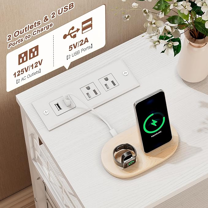 EnHomee Nightstand with Charging Station & LED Lights, End Table with 4 Fabric Drawers, Bedside Table with Shelf, Furniture for Bedroom, Dorm, Closet, Entryway, Wood Top, White - Image 4