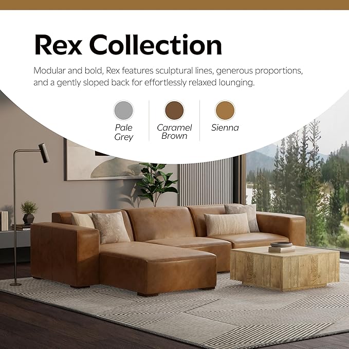 SIMPLIHOME Rex Left Chaise Sofa Module in Full-Grain Genuine Leather, Caramel Brown, 44-inches W x 69.5-inches D, Handcrafted Modern-Style Left-Arm Chaise Lounge Chair for Living Room