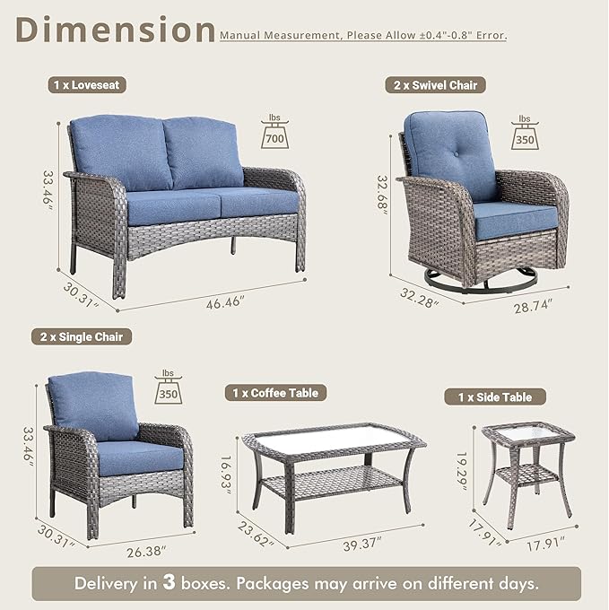 Weaxty 7 Pieces Patio Furniture Set,Wicker Outdoor Swivel Rocking Chairs,Rattan Loveseat Couch,Coffee Table,Patio Sofa Conversation Sets for Deck Backyard Porch Poolside, Denim Blue