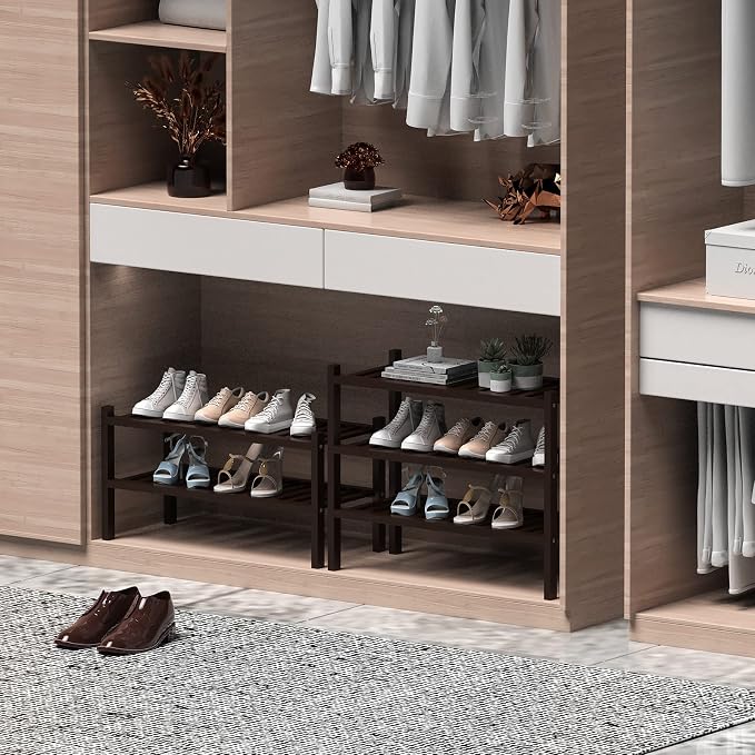 ROMGUAR CRAFT 3 Tier (Thick) Bamboo Shoe Rack for Closet Free Standing Wood Shoe Shelf for Entryway Small Space Stackable 27"x12"x21" (Black Brown) - Image 3