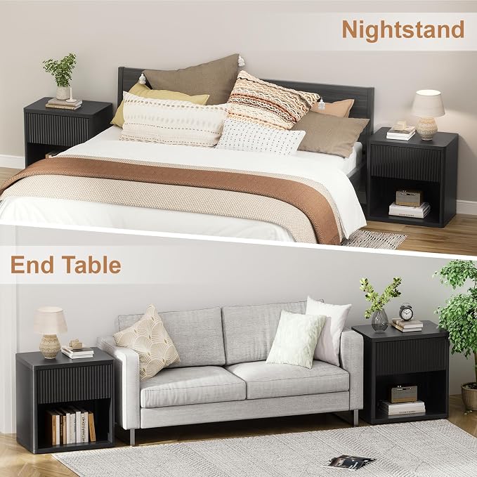 XIAO WEI 22.8" Wide Black Fluted Nightstands with Hidden Drawer, Mid Century Modern Bedside Table with Open Shelf, Large Accent End Table, Curved Profile Design - Image 5