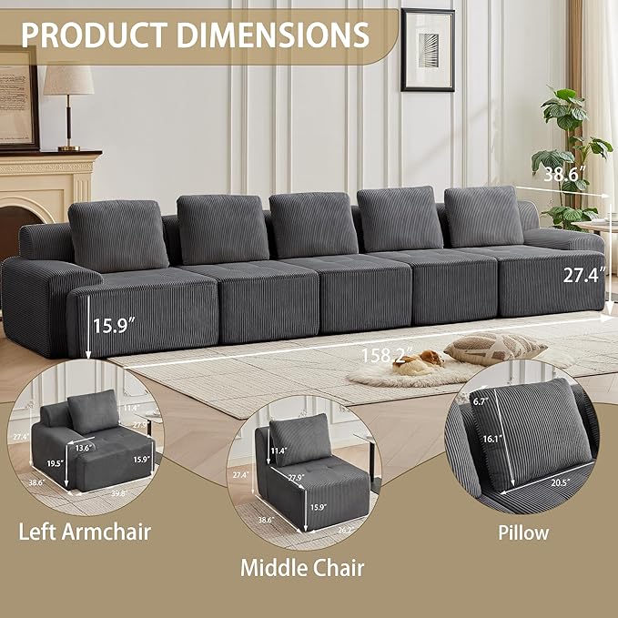 Modular Sectional Sofa with Movable Ottoman, 5 Seat Deep Seat Couch with 5 Pillows, Comfy Cloud Sectional Sofa for Living Room, Bedroom and Apartment (Grey, 1 Left+1 Right+3 Middle)