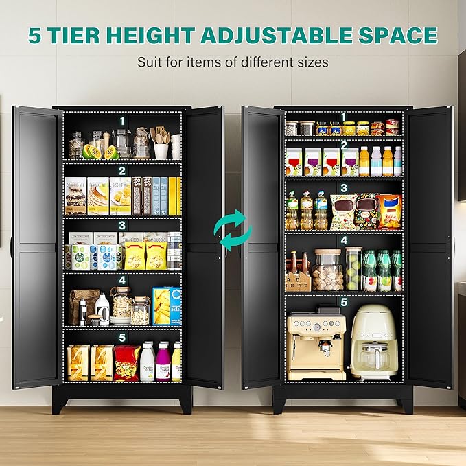 SISESOL Wide & Deep Pantry Storage Cabinets with 2 Doors and 5 Shelves,Tall Storage Cabinet,Large Cupboard Closet,Farmhouse Storage Cabinet for Home,Kitchen,Dining/Living Room (Black, 72" H)