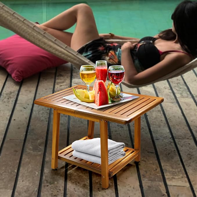 ENKEZI Acacia 24 Inches Outdoor Side Table, 2-Tier Sturdy Patio, End Table Weather Resistant, Strong Stability Side Table for Patio, Pool, Porch, Teak Finish (Large) - Image 2