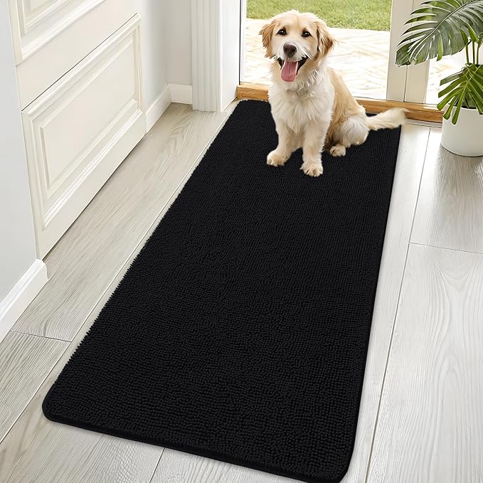 OLANLY Dog Door Mat for Muddy Paws 70x35, Absorbs Moisture and Dirt, Absorbent Non-Slip Washable Doormat, Quick Dry Chenille Mud Mat for Dogs, Entry Indoor Entryway Carpet for Inside Floor, Black by OLANLY