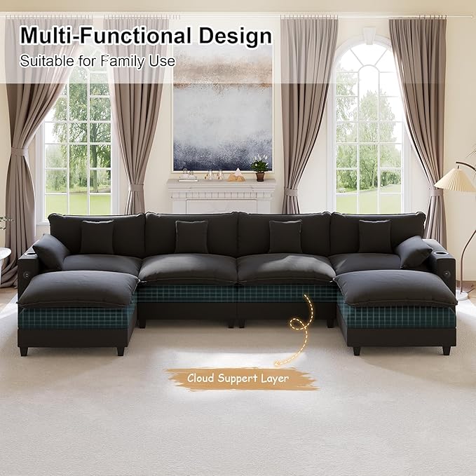 152" Modular Sectional Sofa, U Shaped Cloud Couch with Movable Ottoman, Chenille Deep Seat Cloud Sofa with Charging Station, Cup Holder, Side Pocket, Sectional Couches for Living Room, Black