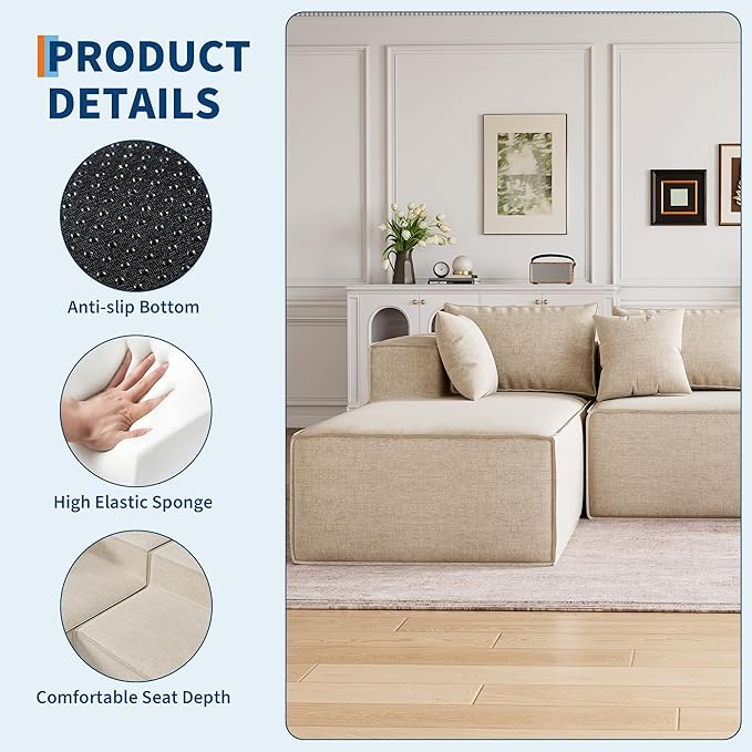 GarveeHome Modular Sectional Couches for Living Room, Cloud Sectional Couch with Deep Seat, 106.7 in Modular L-Shape Sofa with Chaise, Upholstered Couches for Bedroom, Chenille Camel