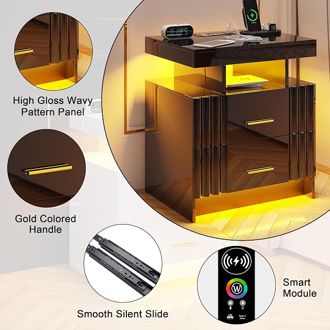 Nightstand with Wireless Charging Station, Bedroom Bedside Table with RGB Lights, Smart Night Stand with 2 Drawers, Bedside Tables Modern Bedside Table for Bedroom, Living Room(Black) - Image 6