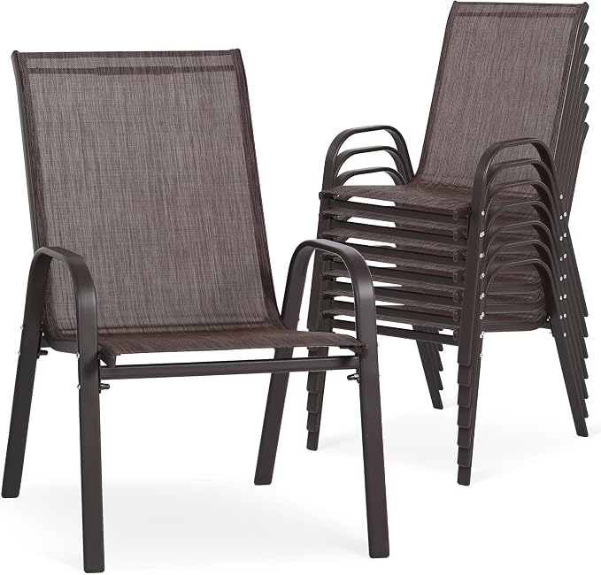 Outdoor Stackable Chairs Set of 8, Stacking Patio Chairs with Textilene Fabric, Outside Furniture for Garden Backyard Balconie Poolside Deck, Brown by Villeston