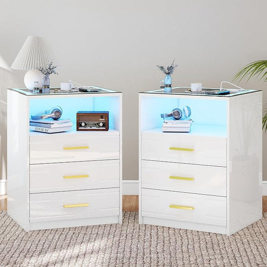 LED Night Stand Set 2 with Charging Station, High Gloss Nightstand with 3 Drawers, 3 Color Dimmable Light Modern Smart Bedside Table with USB Type-C Port Bedroom White by JDPAG