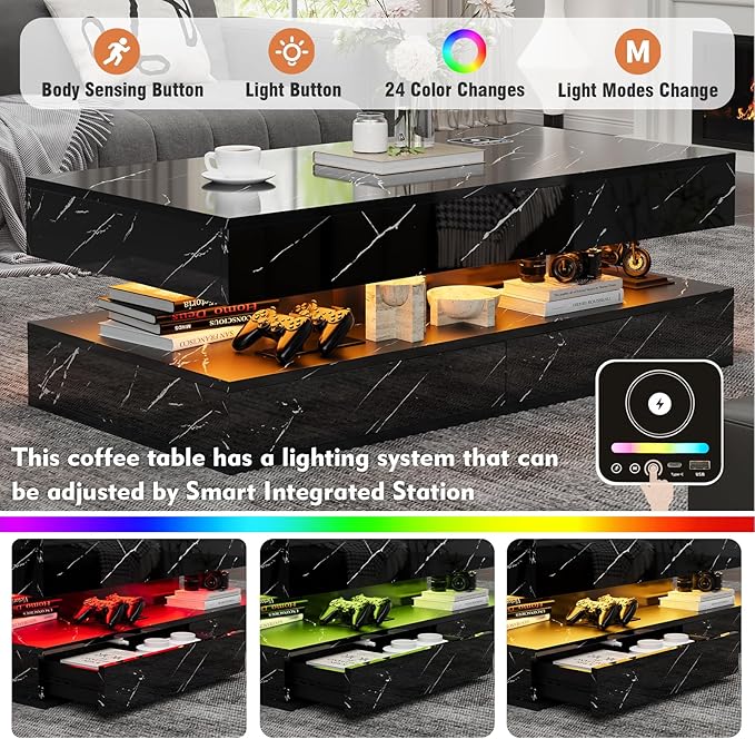 47" Modern LED Coffee Table with 2 Drawers, High Glossy Double-Layer Center Table with Wireless Charging and Built-in Bluetooth Speaker Smart Table for Living Room with Marbling
