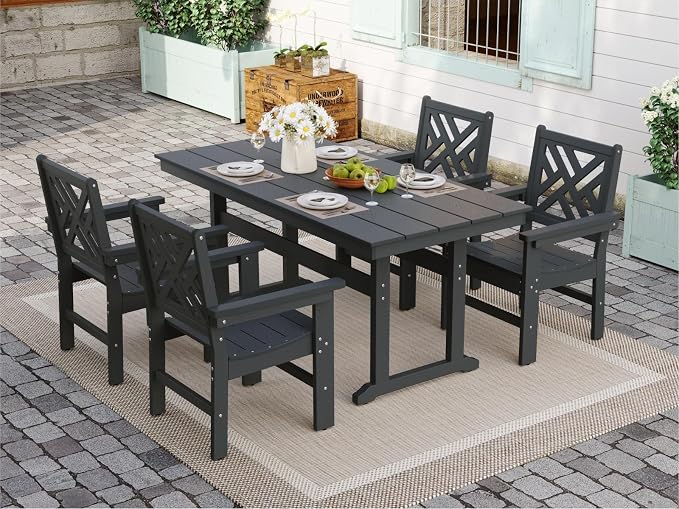 5-Piece Outdoor Dining Set, HDPE All-Weather Patio Table and Chairs Set for 4, Outdoor Patio Furniture Sets with Umbrella Hole for Outside, Deck, Backyard, Garden (Black) by BIVODA