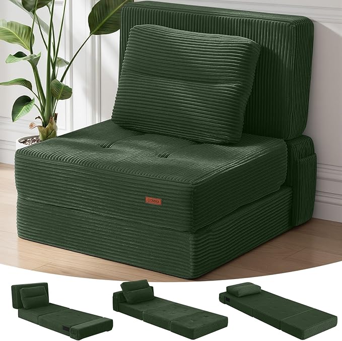 COMAX Folding Sofa Bed, Foldable Couch for Bedroom, Convertible Floor Sleeper Futon Chair Foam, Corduroy 3 in 1 Fold Out Chair Portable Comfy Lounge Couch Sofa Bed for Small Space, Single, Green