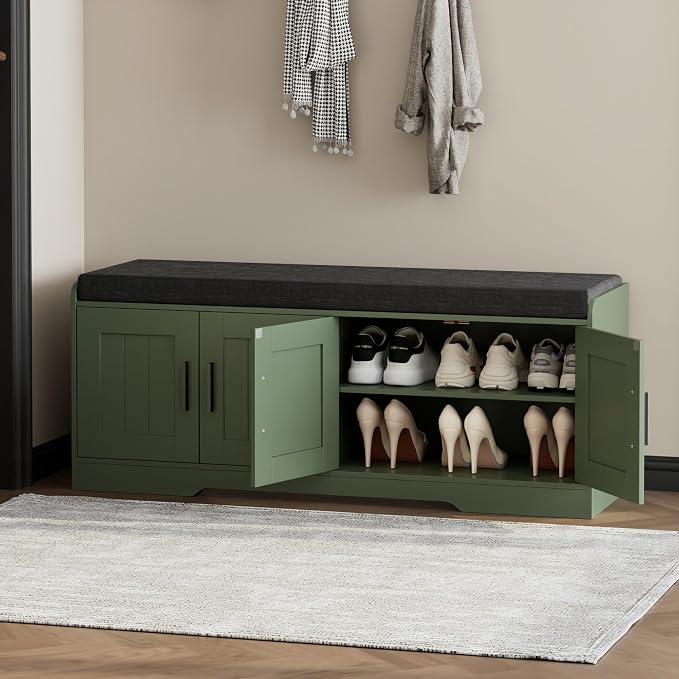 Homleke 2-Tier Storage Bench, Shoe Bench with Thickened Padded Seat Cushion, Entryway Bench with 4 Doors, Adjustable Shelf, 13.8" D x 45.3" W x 18.5" H, for Entryway, Living Room, Bedroom, Green - Image 3
