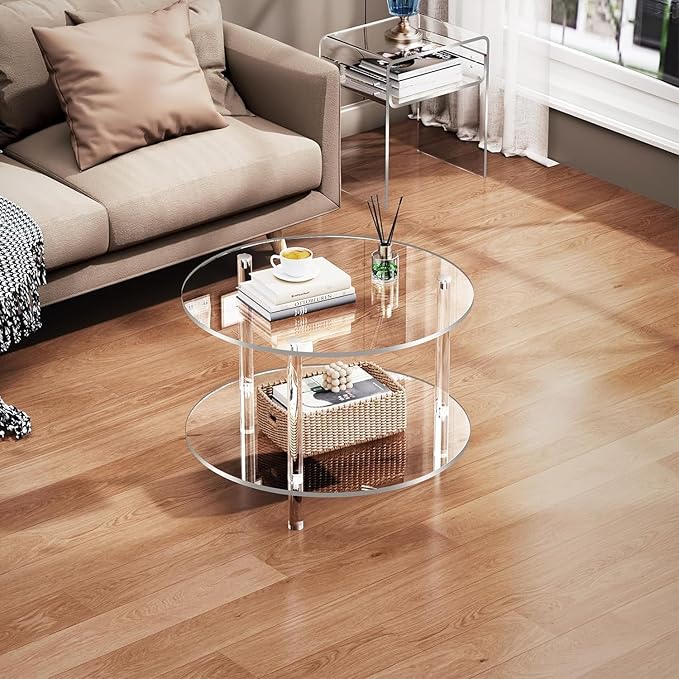 Acrylic Coffee Table, Small Round Modern Coffee Table for Living Room,23.6" D x 23.6" W x 16.5" H