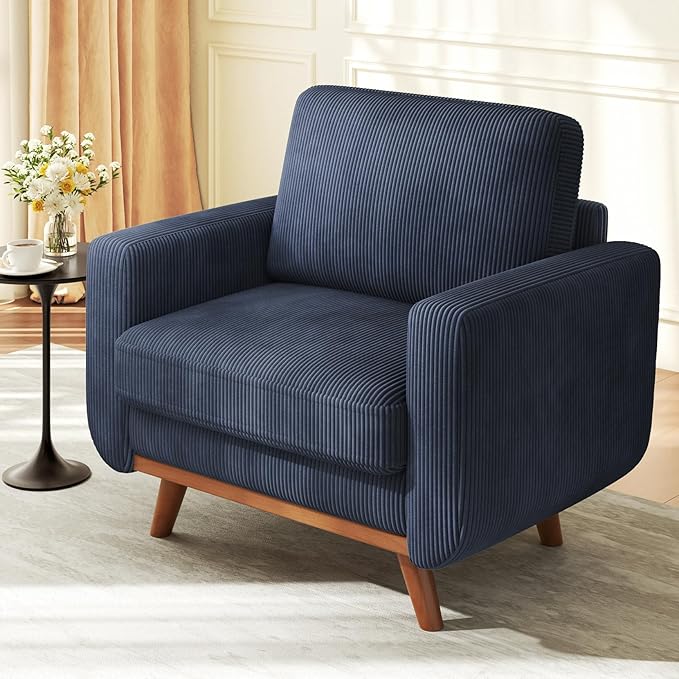 38.5" Dark Blue Corduroy Accent Chair, Comfy Deep Seat Armchair with Spring Cushion, Modern Reading Sofa for Living Room Bedroom