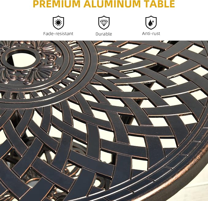 DWVO 30 Inches Round Patio Dining Table with Umbrella Hole, Antique Cast Aluminum Outdoor Bistro Table Outdoor Side Table for Backyard, Garden, Patio, Porch, Hammered Bronze - Image 5