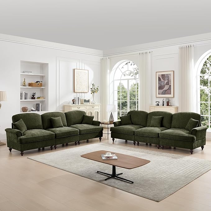 KEIKI Mid Century Modular Sofa with Flared Arms and Skirted Design, 107” Oversized 3-Seater Luxury Chenille Sectional Couches Set for Living Room, Modern Comfy for Big Living Spaces, Green