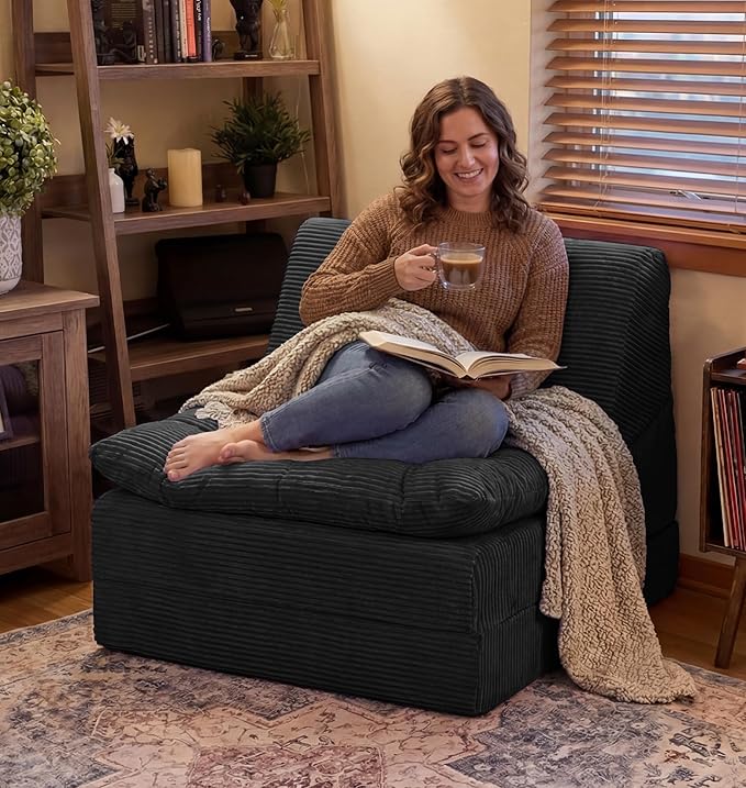 Hobestluk Sofa Couch Folding Sofa Bed Comfy Floor Lounger Convertible Sofa with Removable Cushion Couches for Small Spaces Foldable Mattress for Living Room Bedroom or Office (Cordury Black, Large)