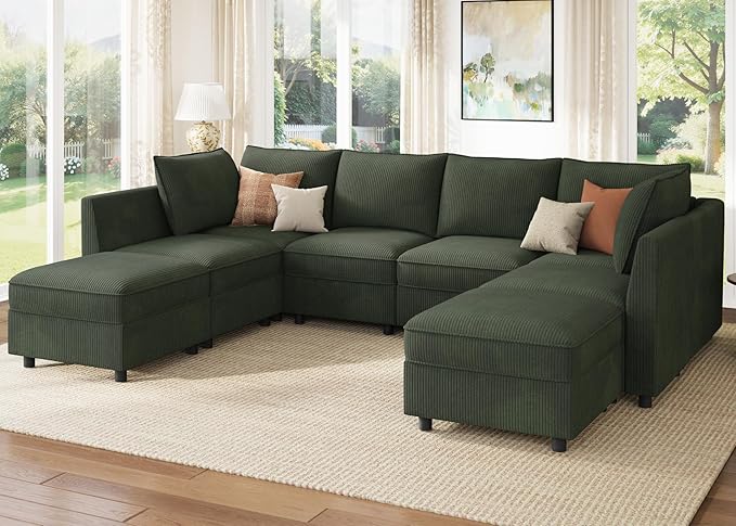 HONBAY Modular Sectional Sofa Couch with Storage, Modern U Shaped Sectional Sofa, Convertible Couches for Living Room - Green