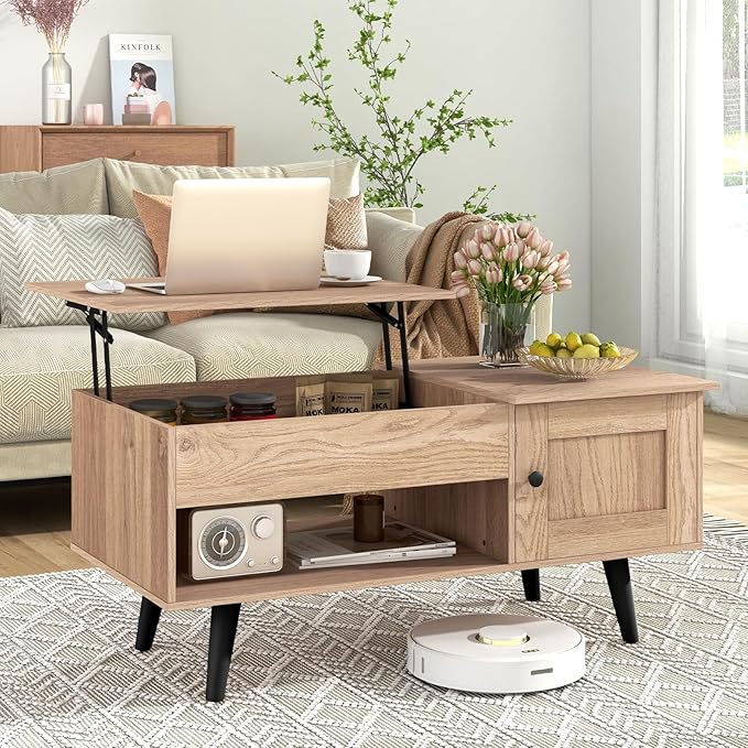 Giantex Lift Top Coffee Table, Modern Cocktail Table with Hidden Compartment, Open Shelf & Cabinet, Wooden Flip Top Center Table, Pull up Coffee Table for Home Office, Living Room (Natural)