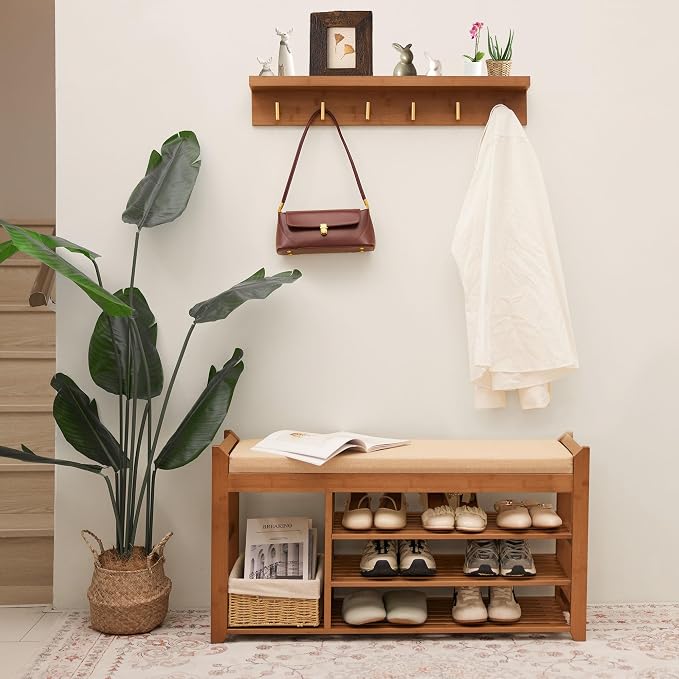 PETKABOO Hall Tree with Bench and Shoe Storage, Coat Rack Shoe Bench Set with Seat Cushion and 6 Hooks for Entryway, Hallway, Living Room and Bedroom - Image 2