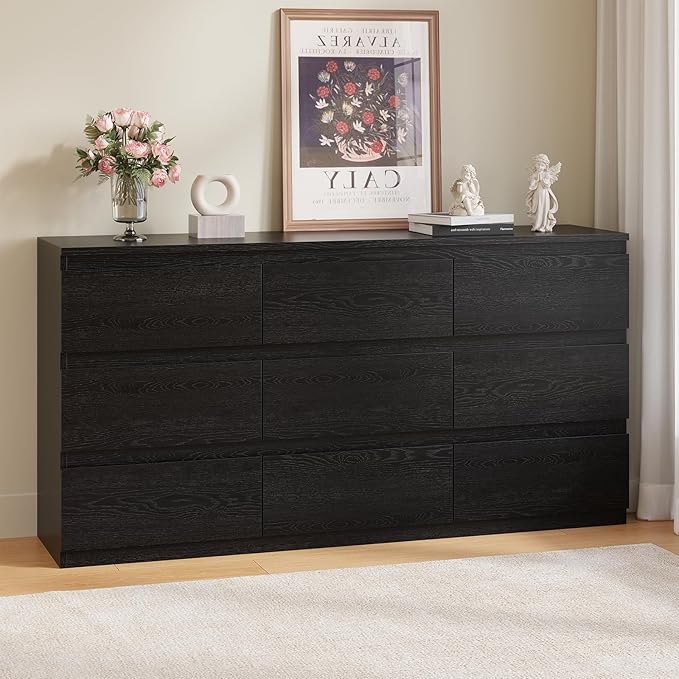 OtterOasis Black Wood Dresser for Bedroom, 9 Drawer Dressers for Clothes Storage, Modern Dresser with Wide Drawers, Wide Wooden Chest Drawers for Living Room, Entryway, TV Stand by OtterOasis