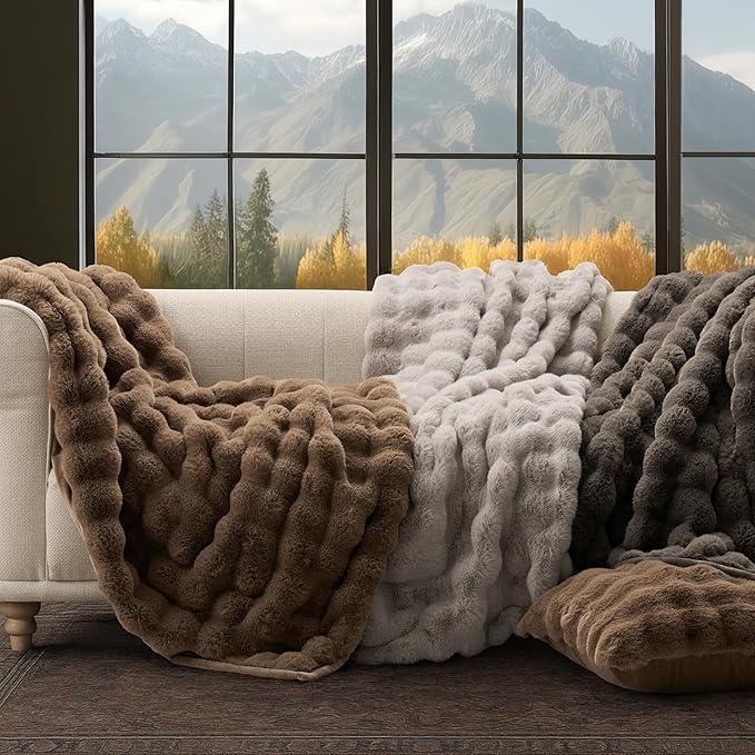 EverGrace Ultra Soft Luxury Fluffy Faux Rabbit Fur Throw Blanket, Thick Warm Bubble Throw for Bed, Cozy Plush Reversible Blankets for Couch, Chair, Sofa, Dark Taupe, 60x80 Inches