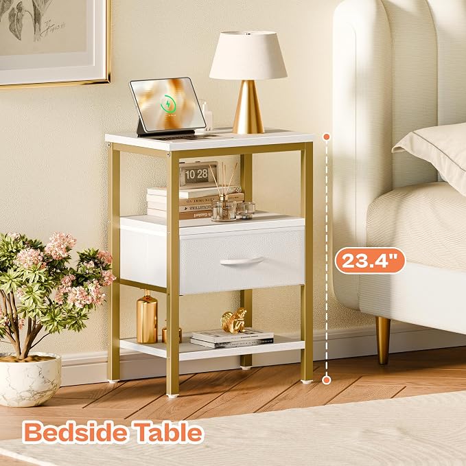 SUPERJARE Nightstand with Charging Station, Bed Side Table with Adjustable Fabric Drawer, Night Stand for Bedroom, 3-Tier Storage End Table, for Living Room, White and Gold - Image 3