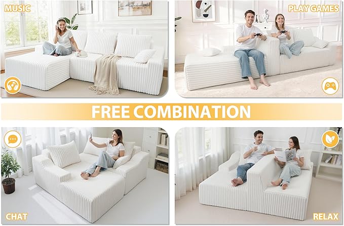 Homguava 94" Cloud Sectional Couch, Modular L-Shape Couch with Chaise, Boneless Sofa with Deep Seat for Living Room Bedroom,No Assembly Required(Beige,Left Facing Chaise)