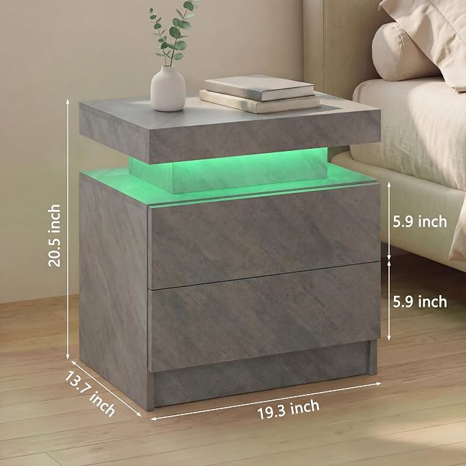 i-aplus Grey Night Stand Set 2 Modern Bedside Tables with 2 Drawers Bedroom Night Stands Set of 2 LED Night Stand for Bedroom - Image 2
