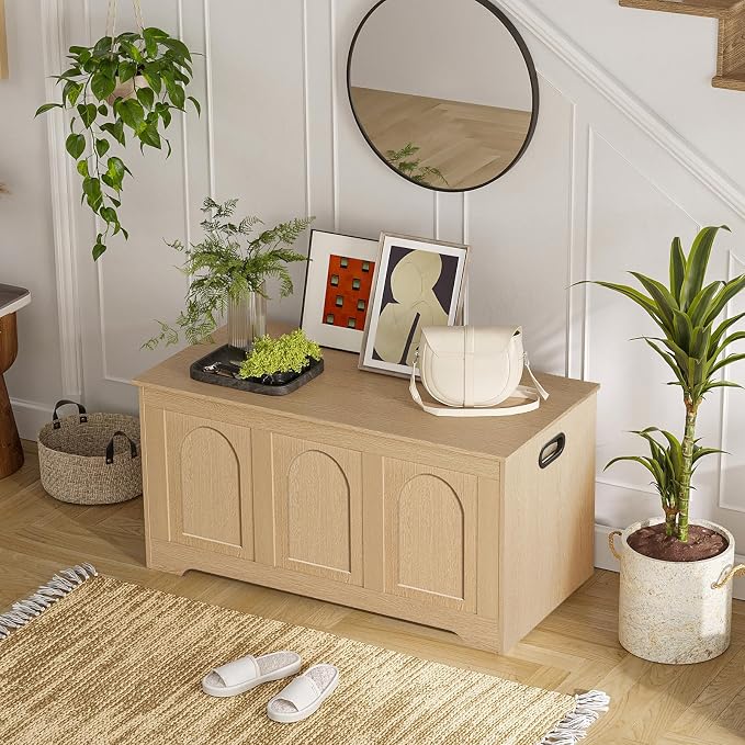 DINZI LVJ Storage Chest, 39.4”Wooden Storage Box with 2 Safety Hinges, Entryway Shoe Bench with Flip-Top, Trunk for Living Room, Bedroom, Easy Assembly, Natural - Image 2