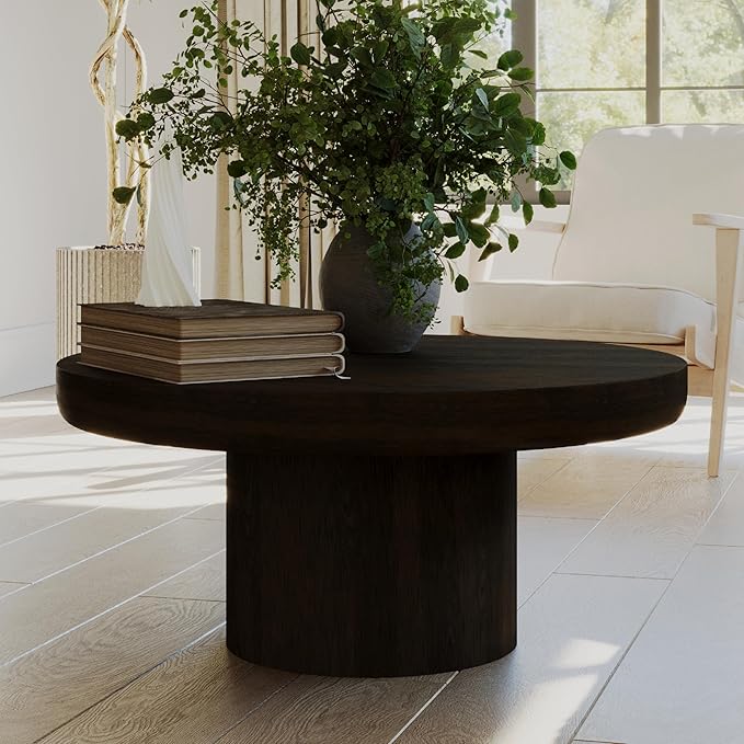 Maven Lane Wooden Circular Coffee Table, 36" Round, Livingroom Table, Modern Farmhouse Living Room Accent Table, Wood Furniture for Family Room, Rustic Industrial Home Decor, Owen Table (Aged Brown)