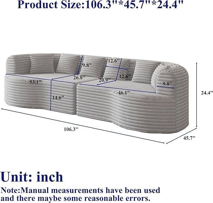 106-Inch Curved Boneless Sofa Couches Compressed 4-Seat Foam Couch for Living Room Bedroom, Boneless Modular Cloud Sofa Curved Floor Couch with 6 Pillows, No Assembly