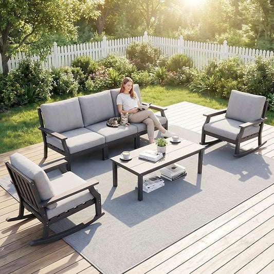 HDPE Patio Conversation Set, 6-Piece All Weather Outdoor Furniture Set with 2 Single Rocking Armchairs for Deck, Lawn, with Cushion, Gray