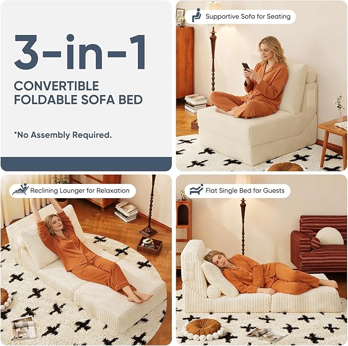 Folding Sofa Bed, Couch Beds with Pillow, 3 In 1 Convertible Sleeper Chair with Storage Bag, Memory Foam Foldable Mattress, Fold Out Chair Bed Morden Floor Sofa Lounge for Living Room Bedroom Guest
