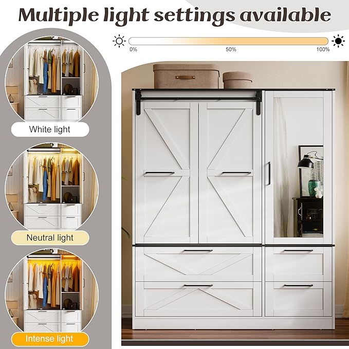 PAKASEPT Armoire Wardrobe Closet with w/Folding Sliding Barn Door, Bedroom Armoires with Mirror and Sensor Lights, Hanging Rod, Wardrobe Closet for Bedroom (19.69" D x 47.24" W x 72.83" H)