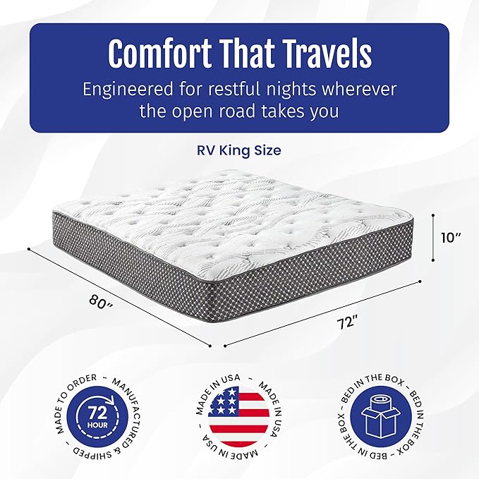 WanderRest Cool Hybrid 10” RV Mattress, RV King 72x80, Medium, Cooling Gel Memory Foam & Pocketed Coil Mattress for RV, Camper, or Travel Trailer, Made in USA