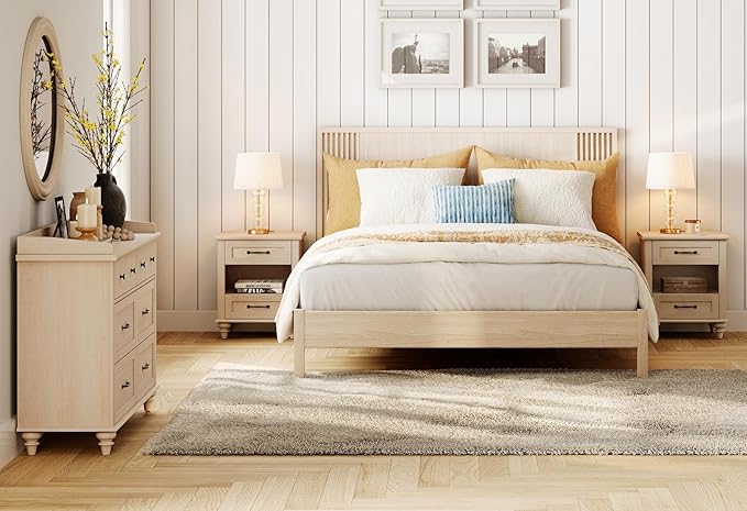 WAMPAT 3 Piece Bedroom Set - Includes Mid Century Dresser with 6 Drawers, Set of 2 Bedside Tables with Charging Station, 3 Piece Dresser and Nightstand Sets, Beige
