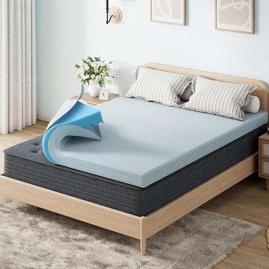 OhGeni Memory Foam Mattress Topper Pad, Soft Bed Cover with Anti-Slip Base, Size Queen, Style 3 Inch with Cover