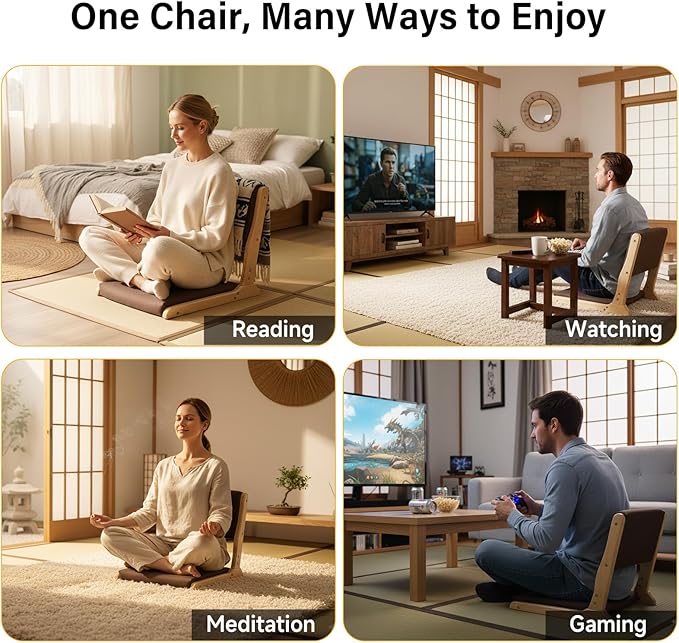 Tiita Floor Chair with Back Support, Foldable Meditation Tatami Chairs, Backrest Chair with Cushion, Living Room Chair Seat 4 Pack, Wood Brown