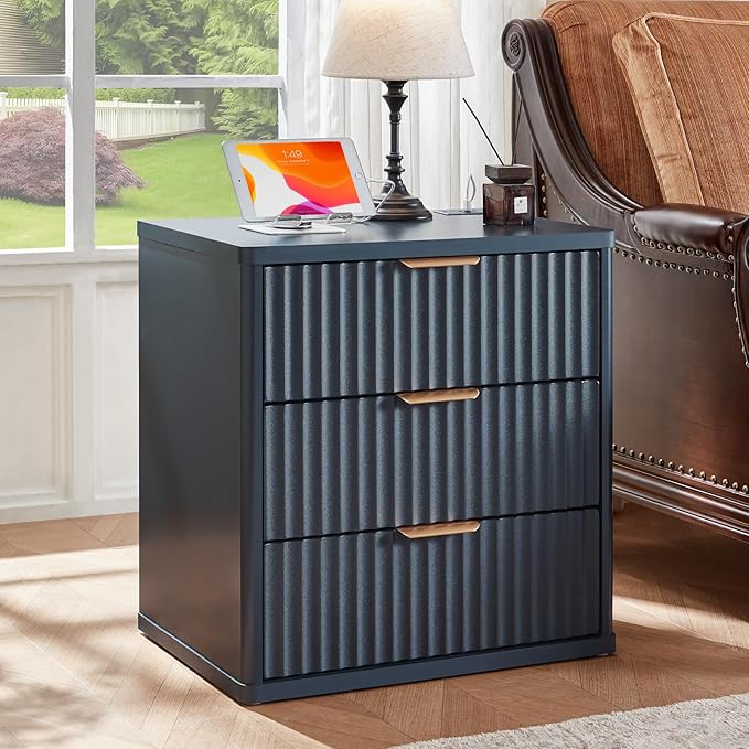 LEYAOYAO 23" Wide Fluted Farmhouse Night Stand Set of 2 with Charging Station, 3 Drawers Large End Table w/Metal Handle,Nightstand Bedside Table,Wood Dresser for Bedroom, Closet,Blue - Image 2