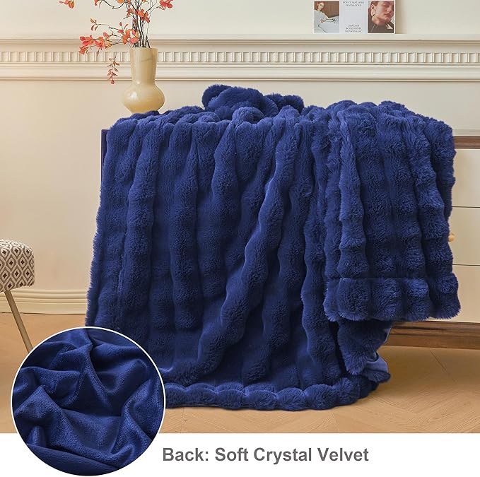 LIFEREVO Fluffy Faux Rabbit Fur Bubble Blanket, Plush Shaggy Throw for Couch Sofa, Cozy Comfy Furry Bed Blanket Adults Kids Teens Girls, Royal Blue Fuzzy Throw for Bedroom Living Room 60x90, Navy Blue