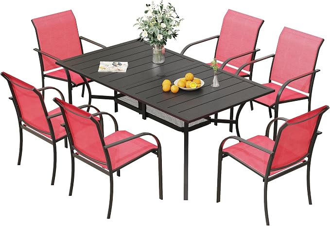 VICLLAX Patio Table and Chairs Set for 6, Patio Furniture Set of 6 Patio Stackable Dining Chairs and Outdoor Metal Table with Umbrella Hole for Backyard Lawn Garden, Red Chairs and Black Table by HOME