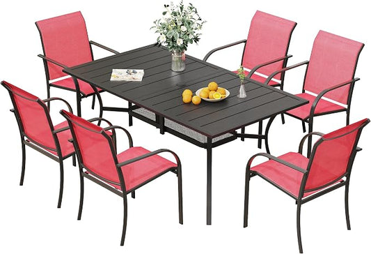 VICLLAX Patio Table and Chairs Set for 6, Patio Furniture Set of 6 Patio Stackable Dining Chairs and Outdoor Metal Table with Umbrella Hole for Backyard Lawn Garden, Red Chairs and Black Table by HOME