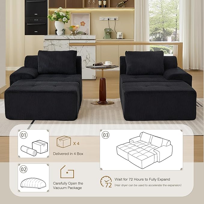 Boneless Couches for Living Room, Corduroy Couch, Modular Sectional Sofa, Big Comfy Couch, Modular Cloud Sofa with Deep Seat, Sofa Bed (Black, 4 Pieces-Bedshape)